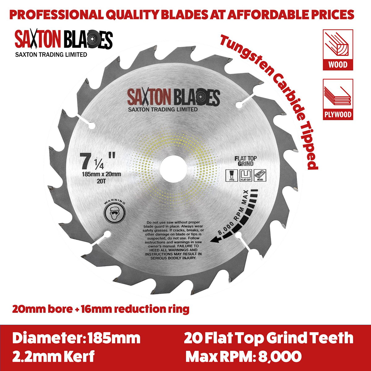 Flat Top Grind TCT Circular Saw Blade 185mm x 20T x 20mm Bore (16mm