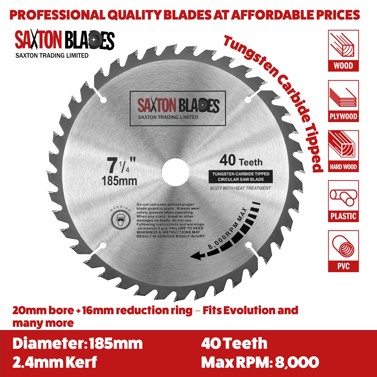 TCT Circular Blade 185mm Pack A 20mm Bore (16mm ring) Saxton Blades