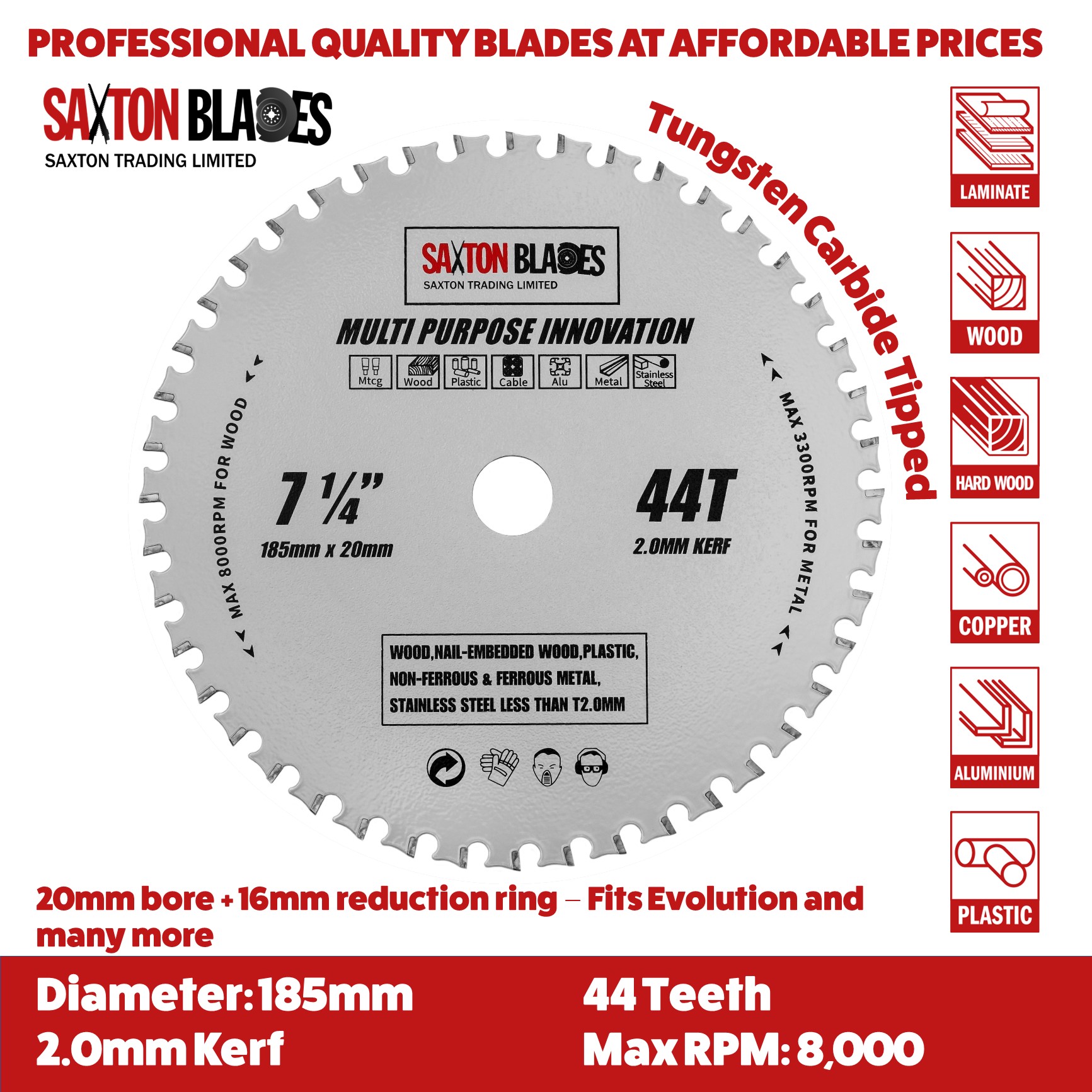 TCT Multi Purpose Innovation Circular Saw Blade 185mm x 44T x 20mm Bore