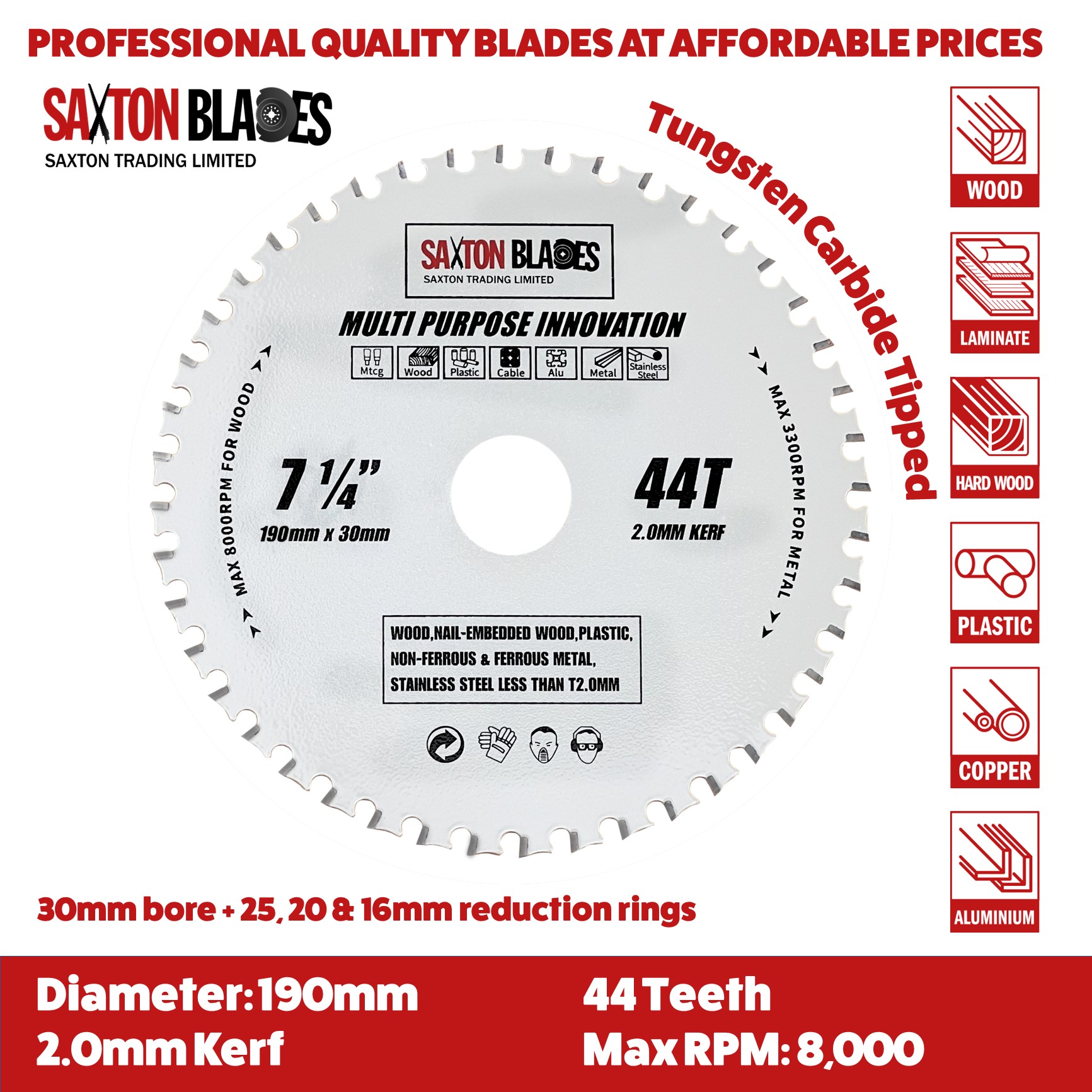 TCT Multi Purpose Innovation Circular Saw Blade 190mm x 44T Saxton Blades
