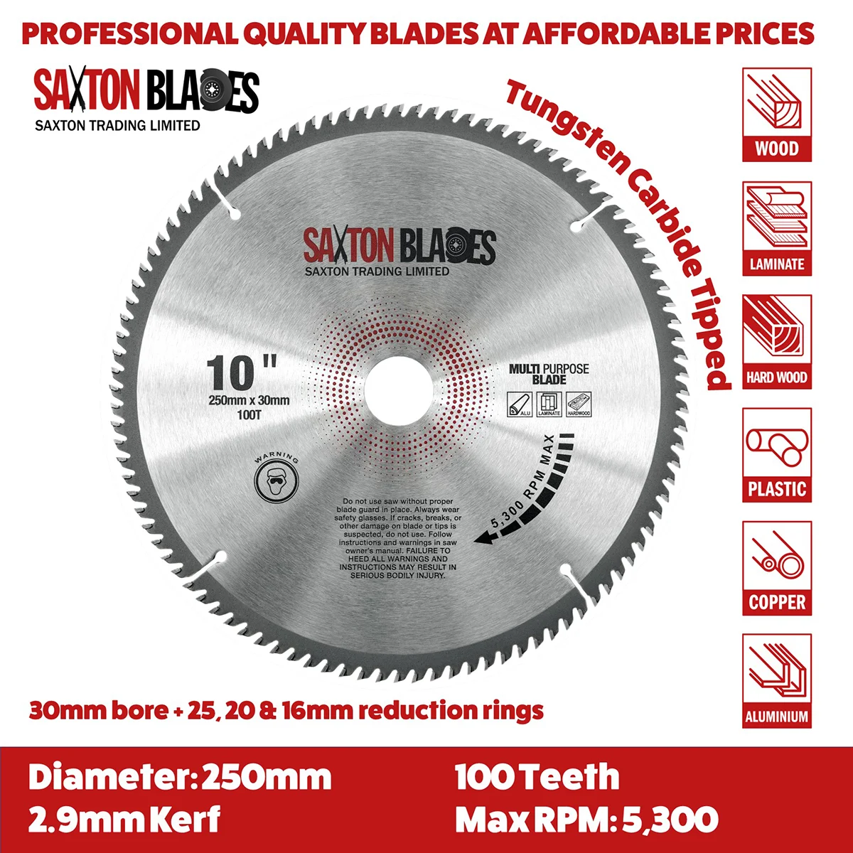 Saxton TCT TCT25052TMPT 250mm X 52T Circular Saw Blade For Bosch Dewalt