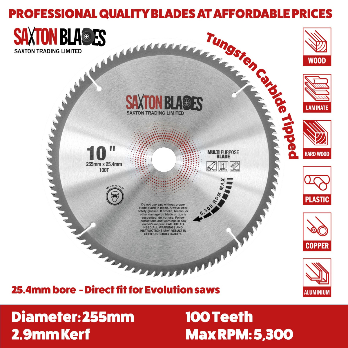 TCT Laminate Hardwood Aluminium Circular Saw Blade 255mm x 100T x 25