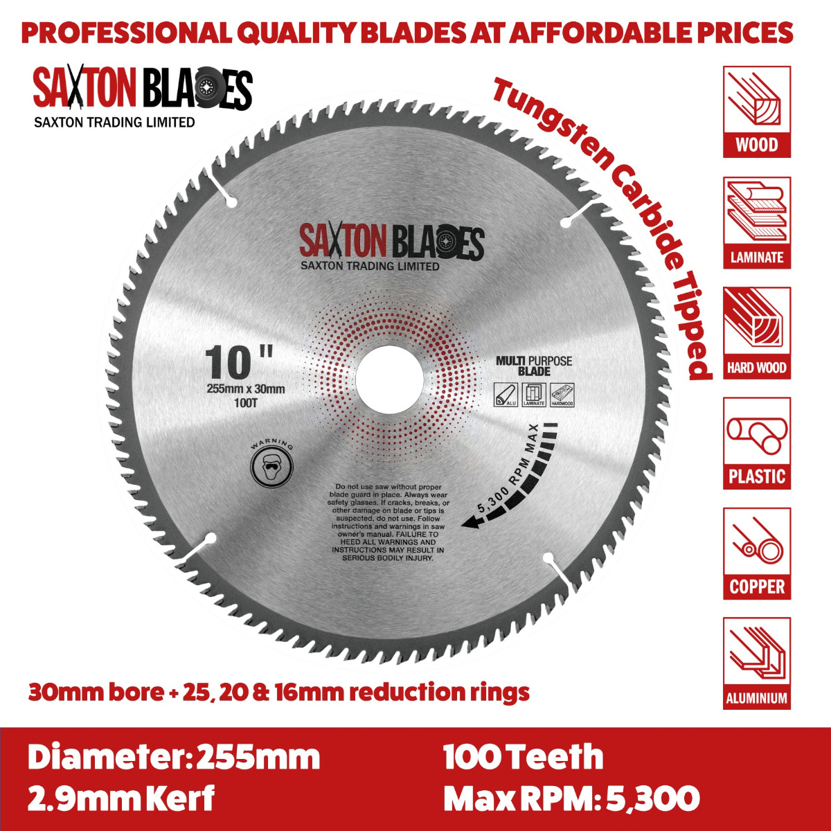 TCT Aluminium Laminate Circular Saw Blade 255mm x 100T Saxton Blades
