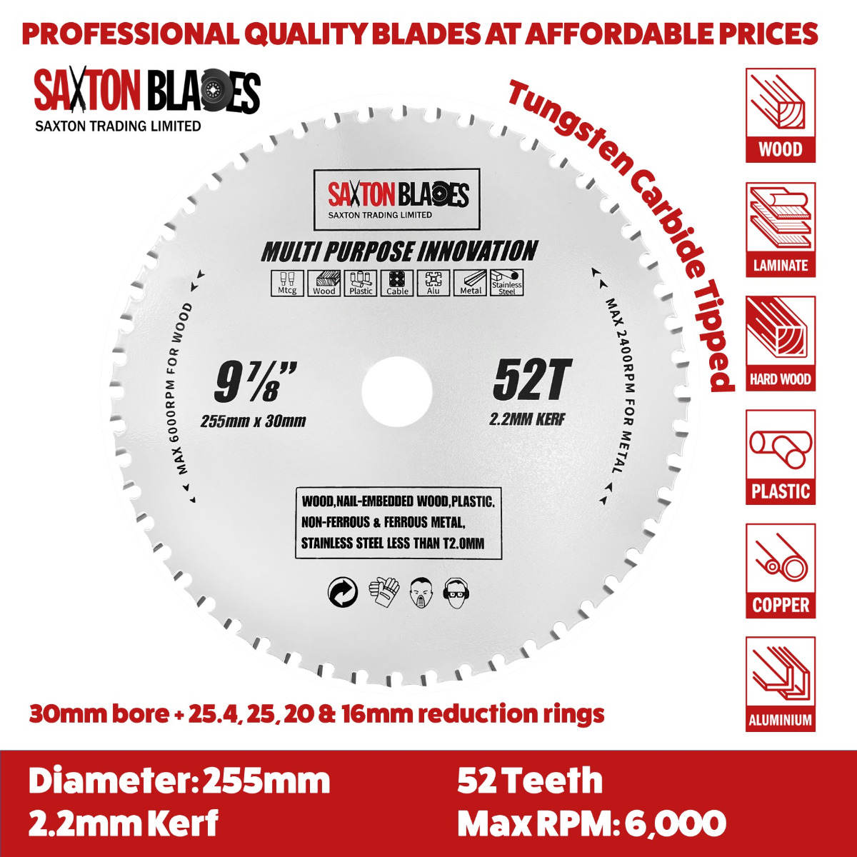 Saxton TCT Circular Wood Saw Blade 250mm X 30mm X Bore X 100T Fits Bosch, Makita, Dewalt
