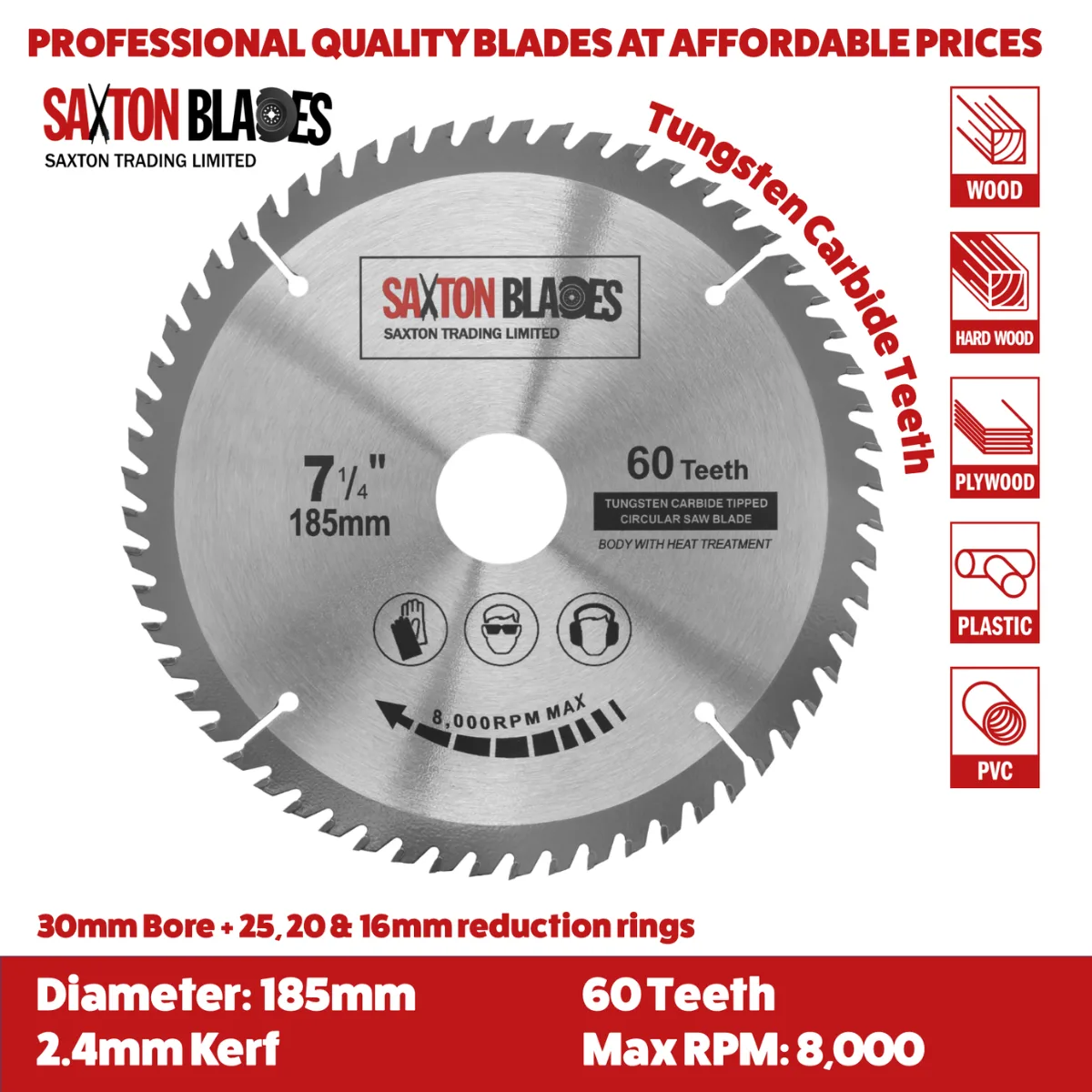 TCT18560T Saxton TCT Cirkelzaagblad 185mm x 30mm boring x 60T
