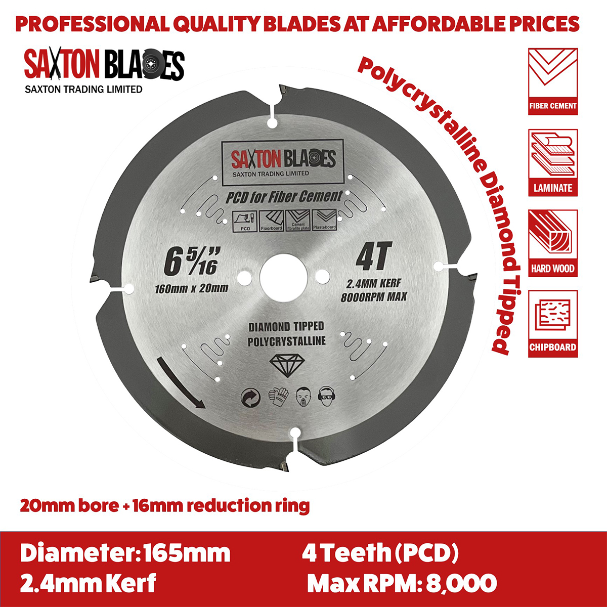 PCD Circular Saw Blade, 165mm x 4 Teeth Polycrystalline Diamond Tipped